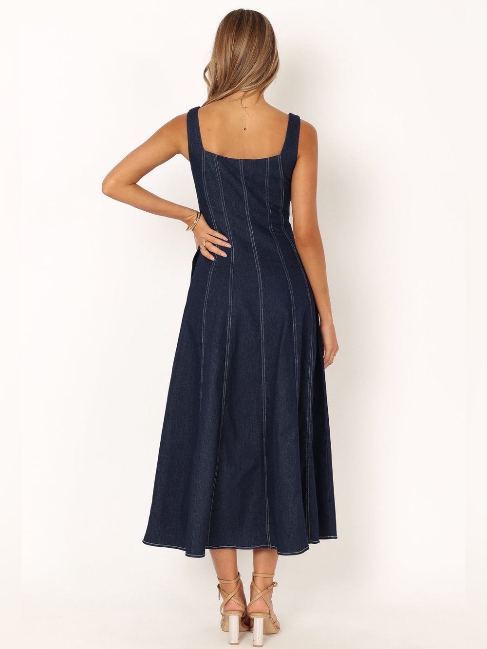 Petal & Pup Callum Denim Midi Dress Blue A-Line Pockets Contrast Stitch Medium - Picture 4 of 14